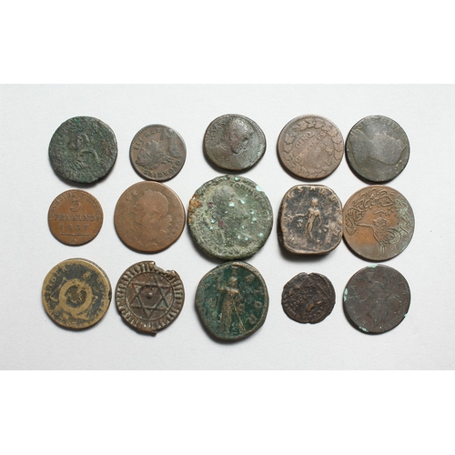 785 - A MIXED LOT OF ROMAN, ENGLISH AND FOREIGN COINS, (15 )bronze