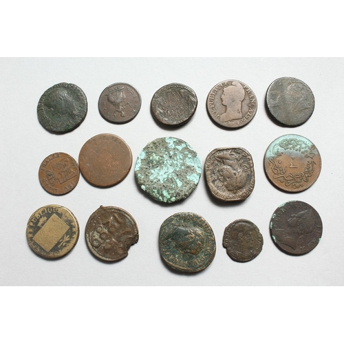 785 - A MIXED LOT OF ROMAN, ENGLISH AND FOREIGN COINS, (15 )bronze