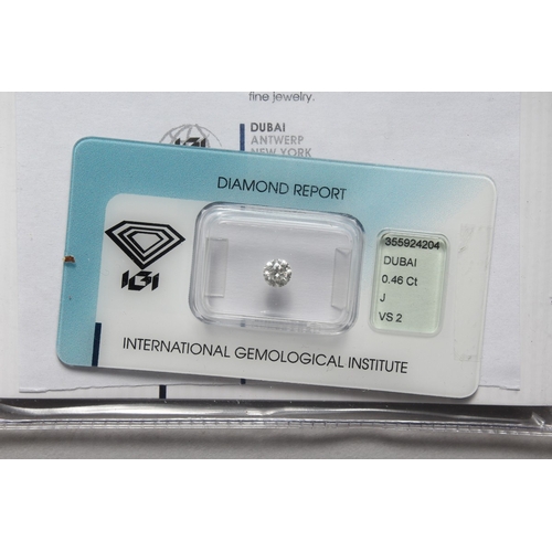 793 - A SINGLE STONE DIAMOND, 0.46 carat , colour J, clarity VS2, with diamond report.