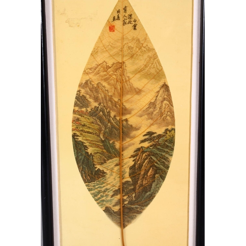 79 - A CHINESE PAINTED & FRAMED BANYAN LEAF, the leaf painted with scenes of a mountainous landscape, the... 