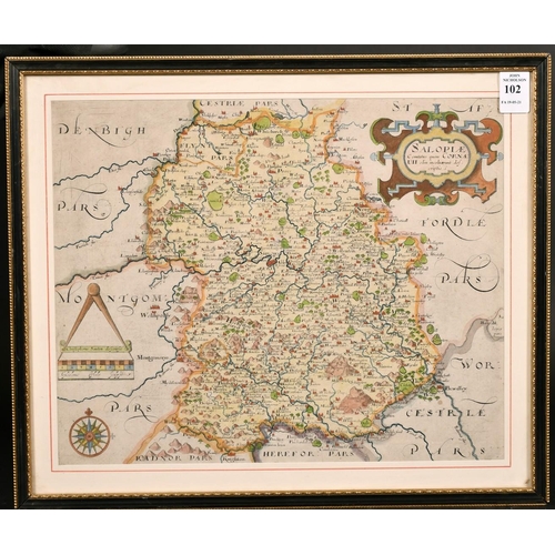 102 - Christopher Saxton, A hand coloured antique map of Shropshire, variously inscribed, 10.5