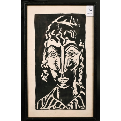 106 - Batia Ouziel, A bust portrait of a Jewish youth, Linocut, dated '64', 11