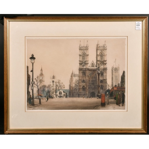 123 - Edward King after Cecil Tatton Winter, A view of Tower Bridge, colour etching, signed in pencil, wit... 