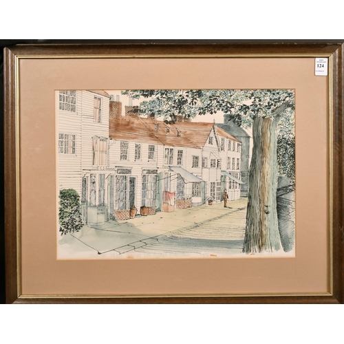 124 - English school, Circa 1977, A view of a town street, serigraph and watercolour, signed and numbered ... 