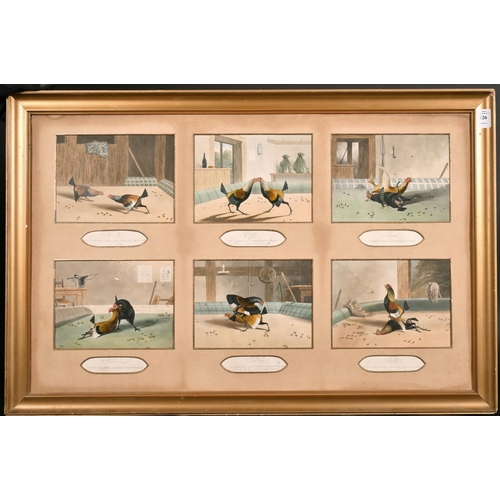 126 - After Alken, a set of six lithographs of cock fighting scenes, shown in a single mount, visible size... 