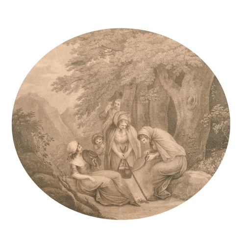 128 - 18th century scene of figures cooking around a campfire, print, verre eglomise frame, 12