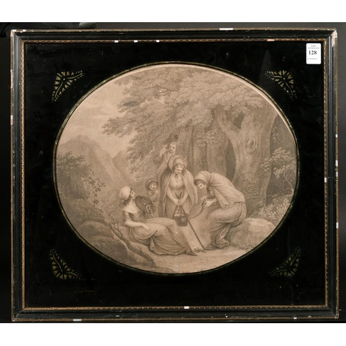128 - 18th century scene of figures cooking around a campfire, print, verre eglomise frame, 12