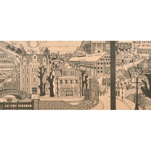 130 - Brian Rees (b.1930) British, a city landscape including the Nelson Arms, woodblock Print, inscribed,... 