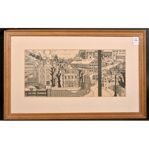 130 - Brian Rees (b.1930) British, a city landscape including the Nelson Arms, woodblock Print, inscribed,... 