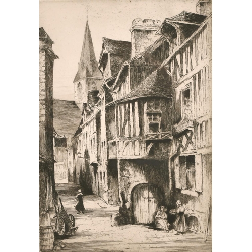 131 - J. Beattie Scott (c. 1865-1937) children outside a shop with two other architectural etchings by dif... 