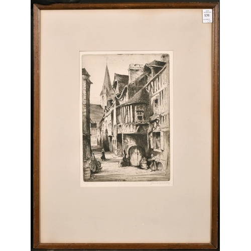 131 - J. Beattie Scott (c. 1865-1937) children outside a shop with two other architectural etchings by dif... 