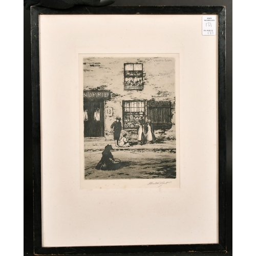 131 - J. Beattie Scott (c. 1865-1937) children outside a shop with two other architectural etchings by dif... 