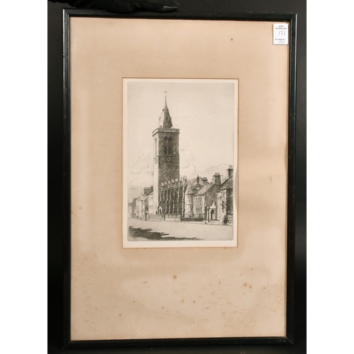 131 - J. Beattie Scott (c. 1865-1937) children outside a shop with two other architectural etchings by dif... 