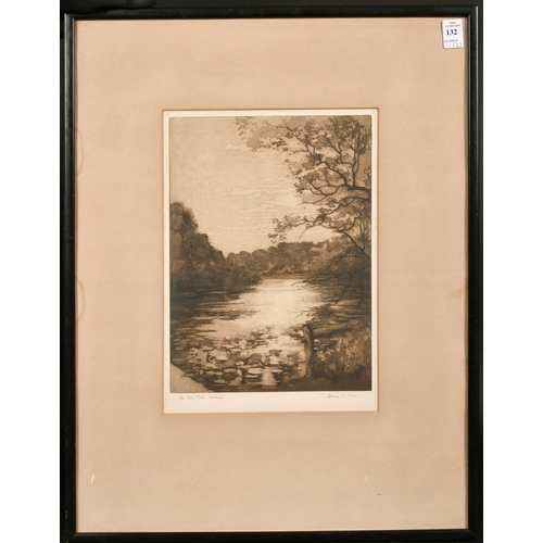 132 - Daisy M Norrie (b.1899) British, Pembroke Castle and another of hilly ponds, etchings, signed and in... 