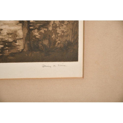 132 - Daisy M Norrie (b.1899) British, Pembroke Castle and another of hilly ponds, etchings, signed and in... 