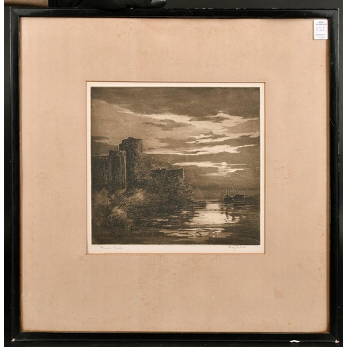132 - Daisy M Norrie (b.1899) British, Pembroke Castle and another of hilly ponds, etchings, signed and in... 