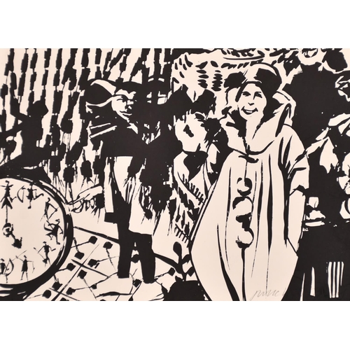 145 - Continental school, A surreal subject with carnival figures, black + white print, signed indistinctl... 