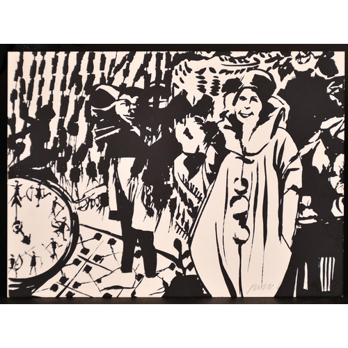 145 - Continental school, A surreal subject with carnival figures, black + white print, signed indistinctl... 