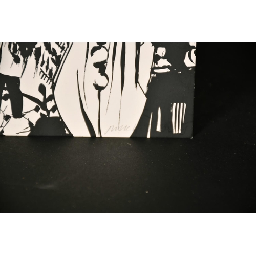 145 - Continental school, A surreal subject with carnival figures, black + white print, signed indistinctl... 