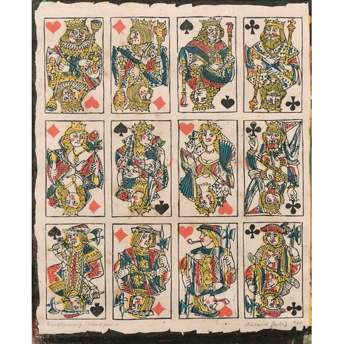 148 - Richard Gerbig (20th century) Swiss, A wood block print of playing cards, the Jack, Queen and King, ... 
