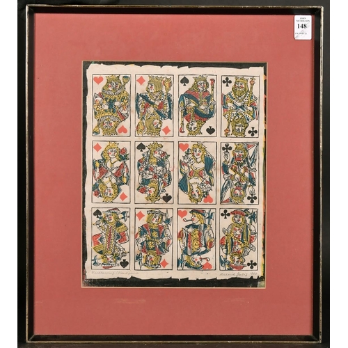 148 - Richard Gerbig (20th century) Swiss, A wood block print of playing cards, the Jack, Queen and King, ... 