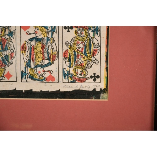 148 - Richard Gerbig (20th century) Swiss, A wood block print of playing cards, the Jack, Queen and King, ... 
