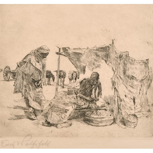 152 - Erich Wolfsfield (1885-1956) German, A North African scene of wayfarers buying provisions, etching, ... 