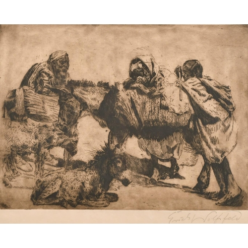 153 - Erich Wolfsfield (1885-1956) German, A North African scene of figures loading donkeys, etching, sign... 