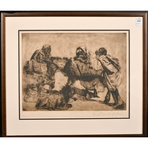 153 - Erich Wolfsfield (1885-1956) German, A North African scene of figures loading donkeys, etching, sign... 