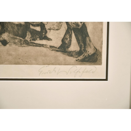 153 - Erich Wolfsfield (1885-1956) German, A North African scene of figures loading donkeys, etching, sign... 