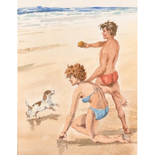 166 - 20th century school, A young couple and their dog on a beach, watercolour, 10