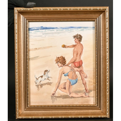 166 - 20th century school, A young couple and their dog on a beach, watercolour, 10