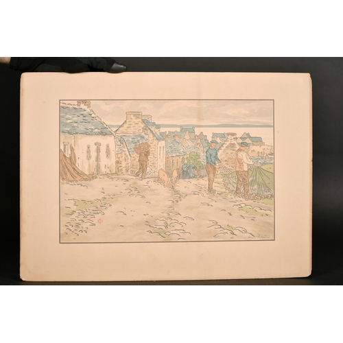 169 - A folio of unframed drawings including an Italian harbour scene, and some prints including a chromol... 