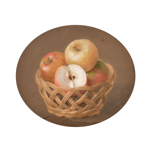 170 - A folio of unframed drawings and prints including a 19th century watercolour of apples in a basket, ... 