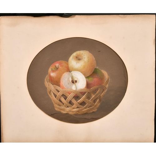 170 - A folio of unframed drawings and prints including a 19th century watercolour of apples in a basket, ... 