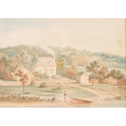 171 - 19th century English school, a figure by a rowing boat with a cottage beyond, watercolour, 7.75