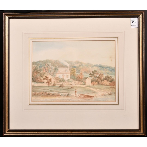 171 - 19th century English school, a figure by a rowing boat with a cottage beyond, watercolour, 7.75