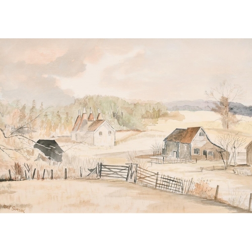173 - Mike Samson (20th century) A view of an Oast house across fields, watercolour, signed, 10