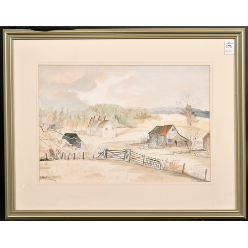 173 - Mike Samson (20th century) A view of an Oast house across fields, watercolour, signed, 10