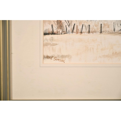 173 - Mike Samson (20th century) A view of an Oast house across fields, watercolour, signed, 10