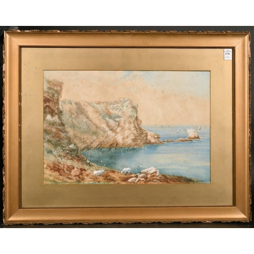 174 - 19th/20th century school, A view of a cove with sailboats beyond, watercolour, 13