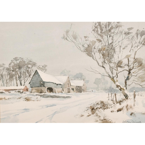 176 - Ashton Cannell (1927-1944) British, 'The Farm In Winter', A snowy landscape with farm buildings, wat... 