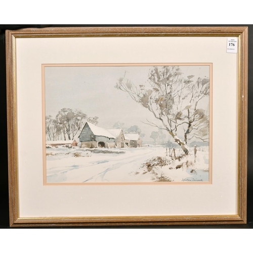 176 - Ashton Cannell (1927-1944) British, 'The Farm In Winter', A snowy landscape with farm buildings, wat... 