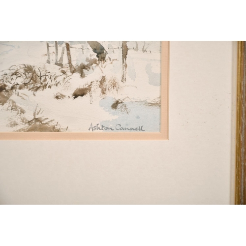 176 - Ashton Cannell (1927-1944) British, 'The Farm In Winter', A snowy landscape with farm buildings, wat... 