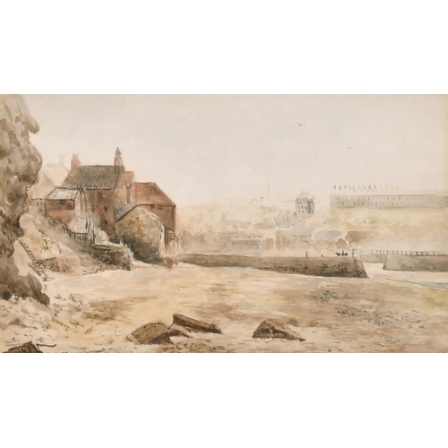 177 - Emile Axel Krause (1871-1945) British, a scene of a harbour entrance, with a town beyond, watercolou... 