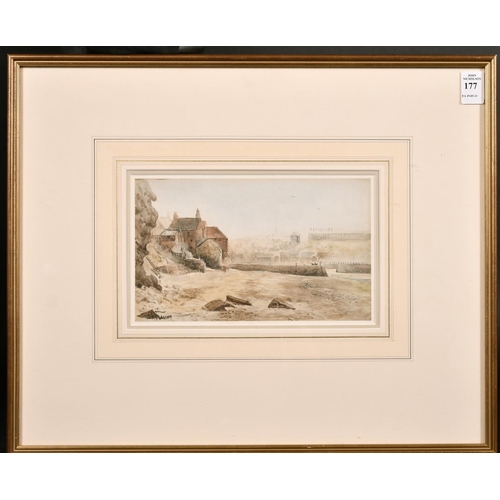 177 - Emile Axel Krause (1871-1945) British, a scene of a harbour entrance, with a town beyond, watercolou... 