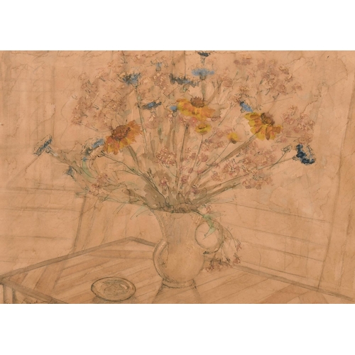 181 - English school, still life of mixed flowers in a jug, watercolour, indistinctly signed, 8