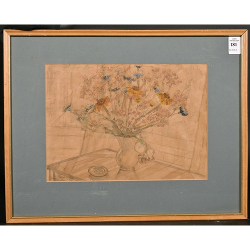 181 - English school, still life of mixed flowers in a jug, watercolour, indistinctly signed, 8