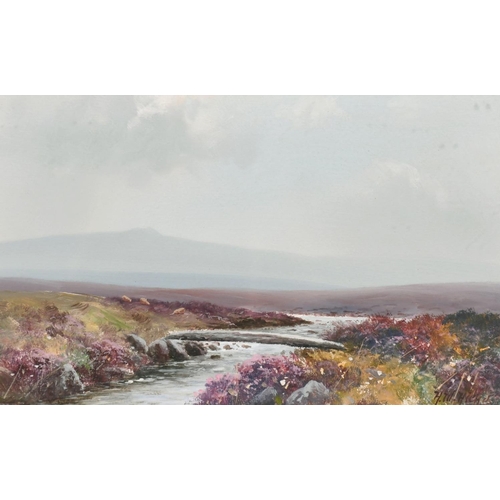 184 - H.W. Hicks (1880-1944) British, A landscape with a stream running through heathery moorland and hill... 