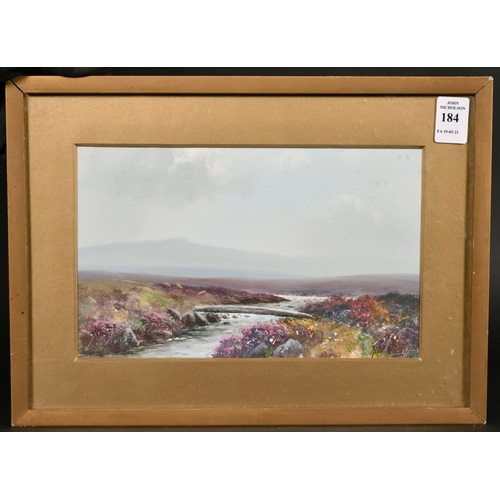 184 - H.W. Hicks (1880-1944) British, A landscape with a stream running through heathery moorland and hill... 